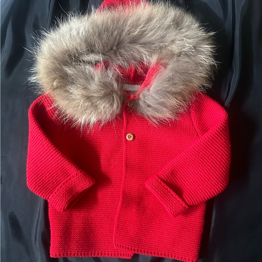 FOQUE Red Knit Jacket with Fur Trim Size 24 M